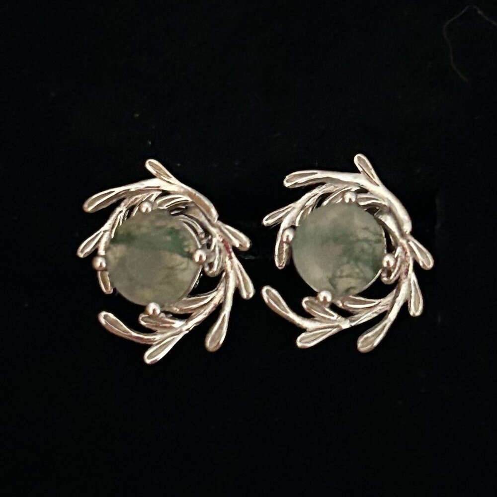 Moss Agate Stud Earrings | Sterling Silver Leaf Design